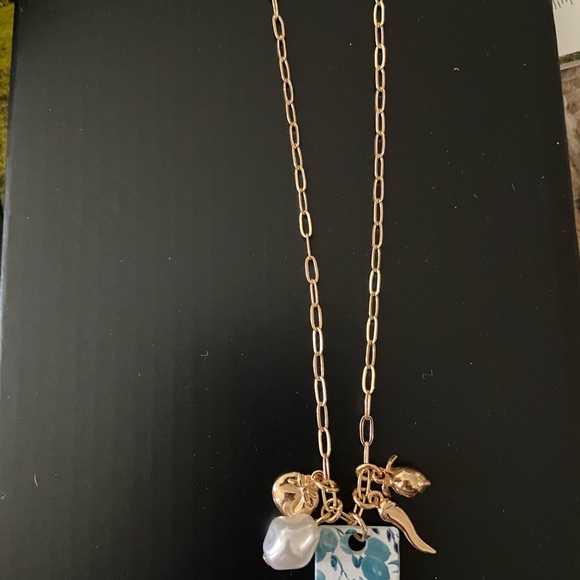 Gold Charm Necklace Blue and White fruit tile and tiny gold lemon and tomato - Picture 2 of 4